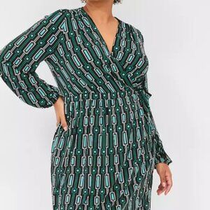Lane Bryant Faux-Wrap Jersey Dress Size 18/20 Teal Black Geometric Print